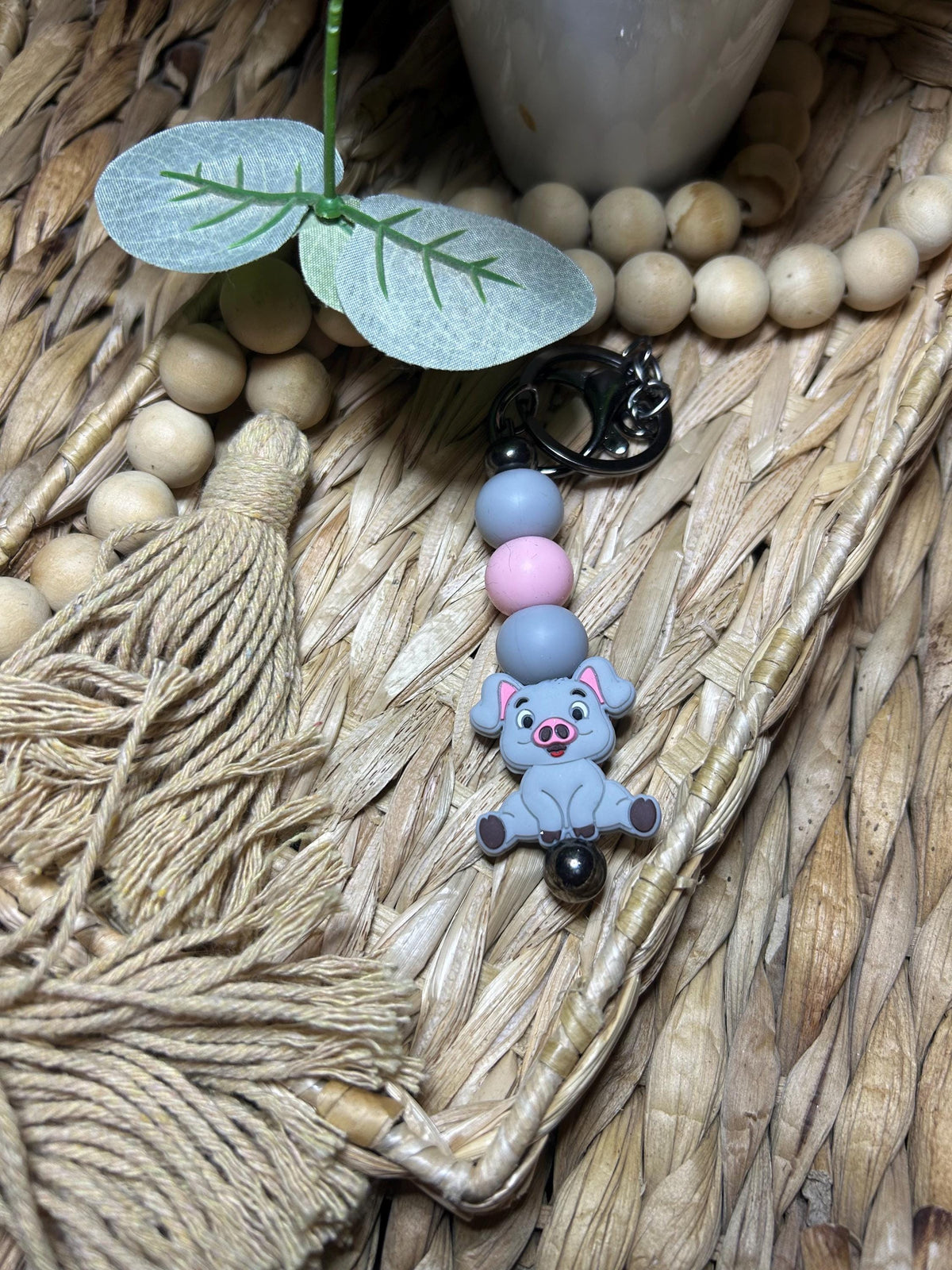 Silicone Beaded Pig Keychain