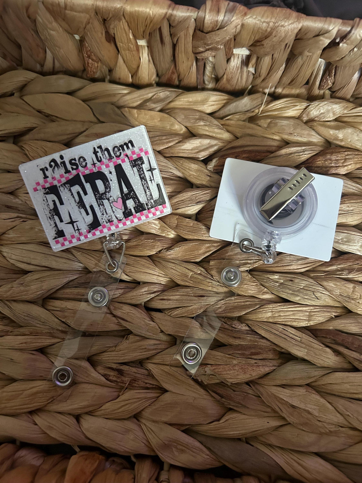 Raise Them Feral Badge Reel | Pink Checkered Glitter ID Holder | Handmade Teacher Nurse Accessory