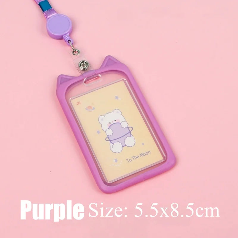 Cat Ear Card Holder+Retractable Reel Lanyard,Work ID Card Holder Campus Card Neck Lanyard Badge Holder Protective Cover