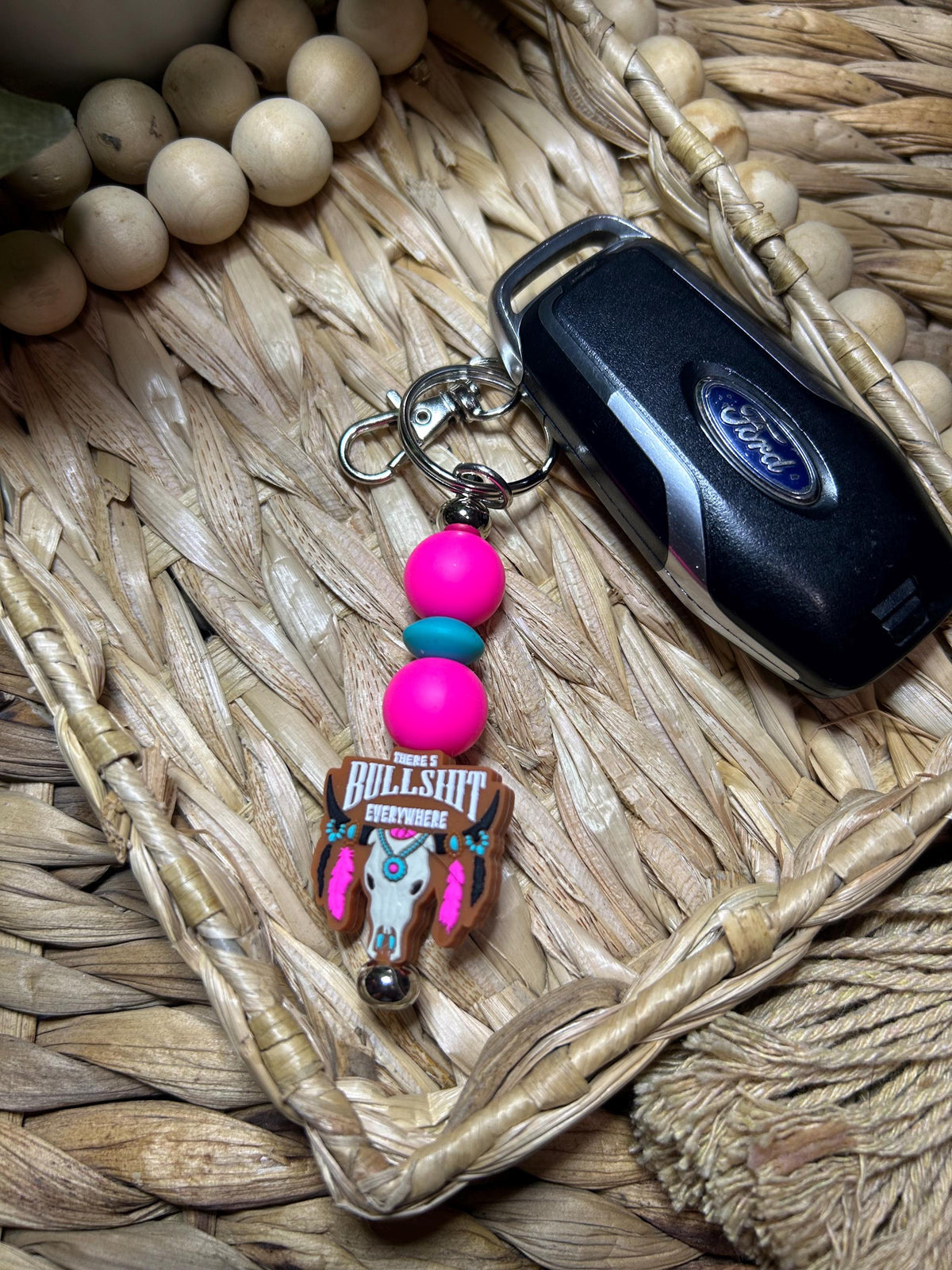 Silicone Beaded Keychain, Western Cowgirl Humor Gift, Sarcastic Bull Skull Pendant