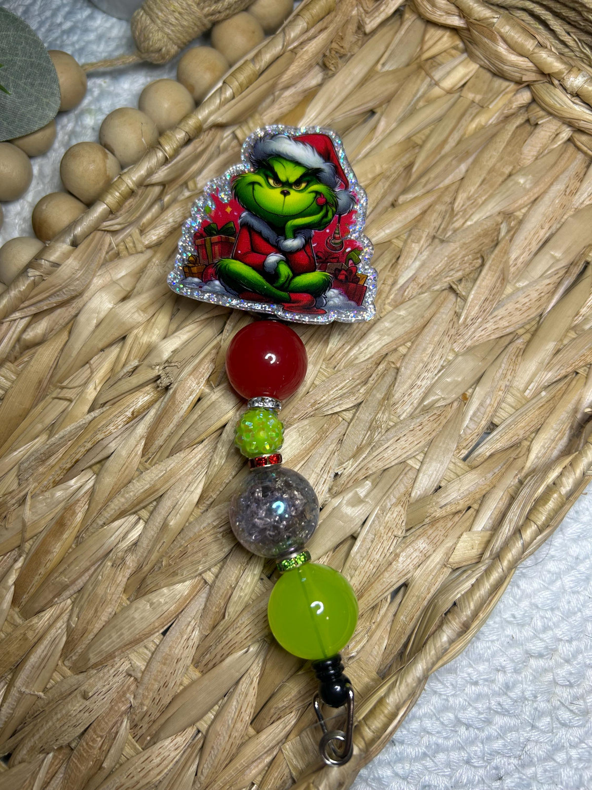 Green Beaded Christmas Badge Reel