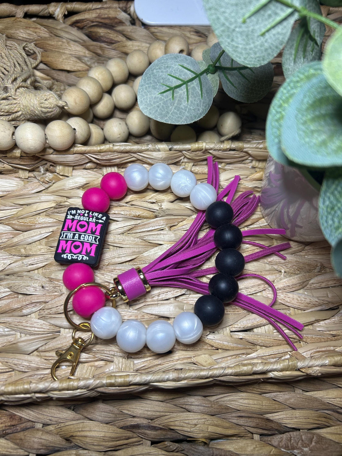 Silicone Beaded Wristlet Keychain, Mom Life Accessory, Handmade Tassel Charm