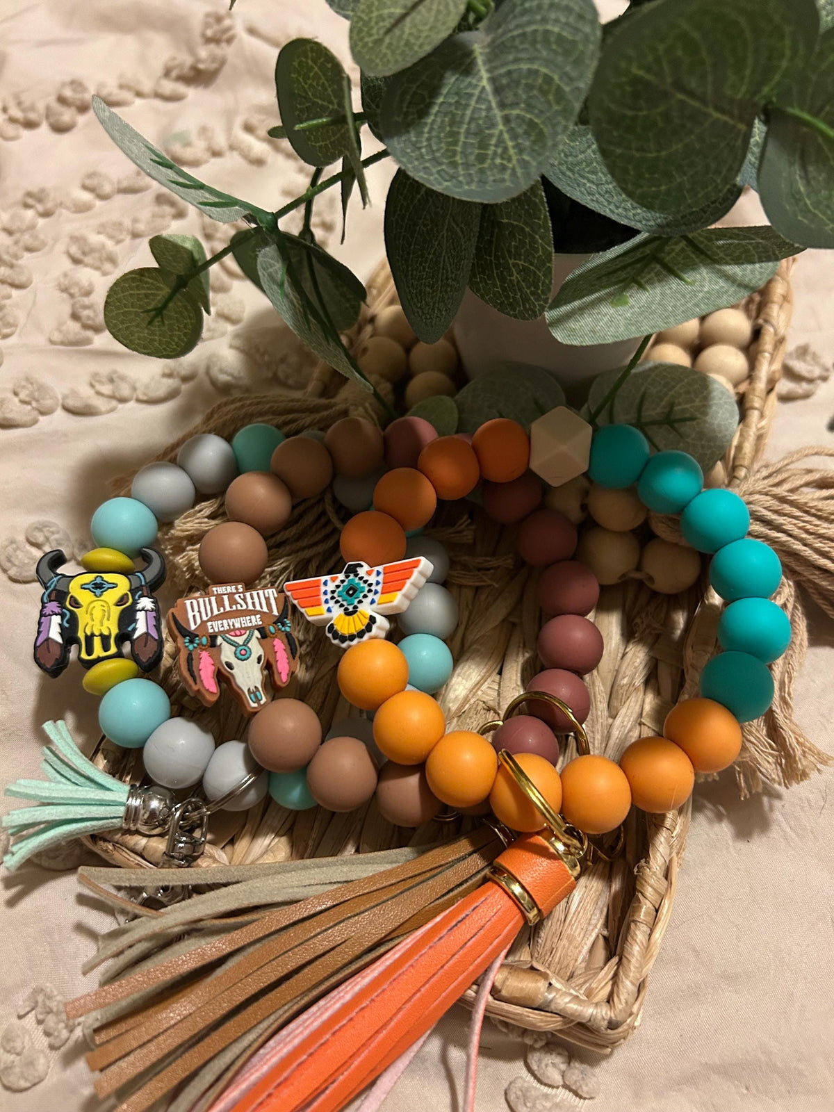 Western Beaded Wristlet Keychain, Cowgirl Bracelet, Rustic Tassel Accessory