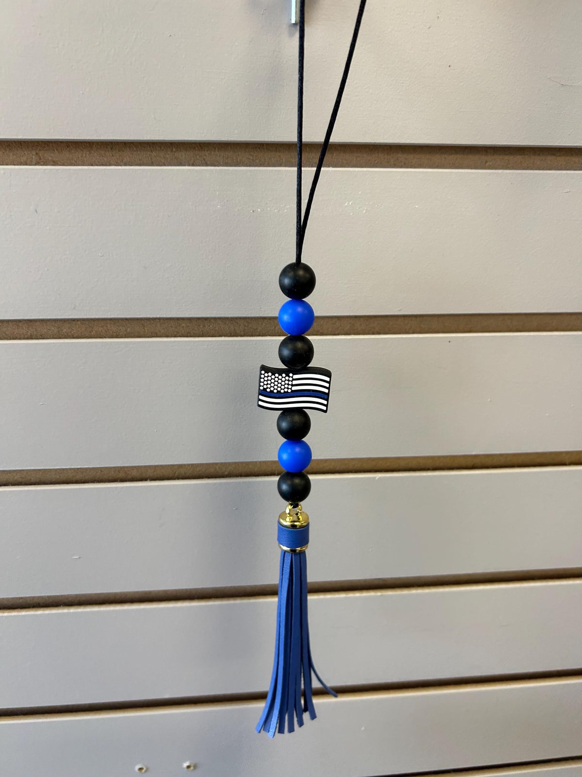 Thin Blue Line Car Charm | Silicone Beads, Faux Leather Tassel (Handmade)