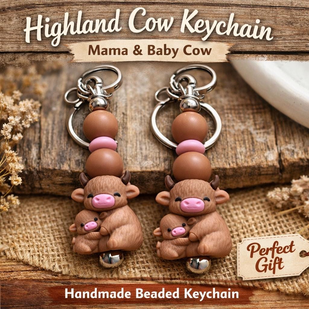 Highland Cow Mama Baby Keychain | Farmhouse Beaded Bag Charm