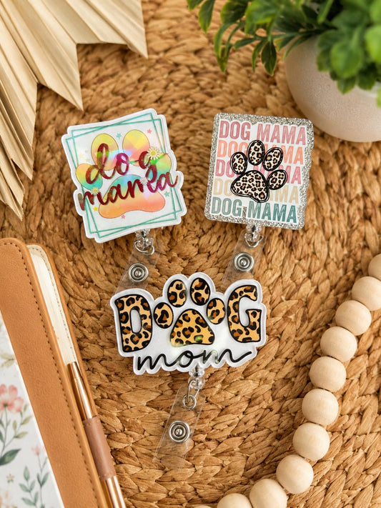 Dog Mama Badge Reel | Paw Print Leopard Glitter ID Holder | Vet Tech Accessory