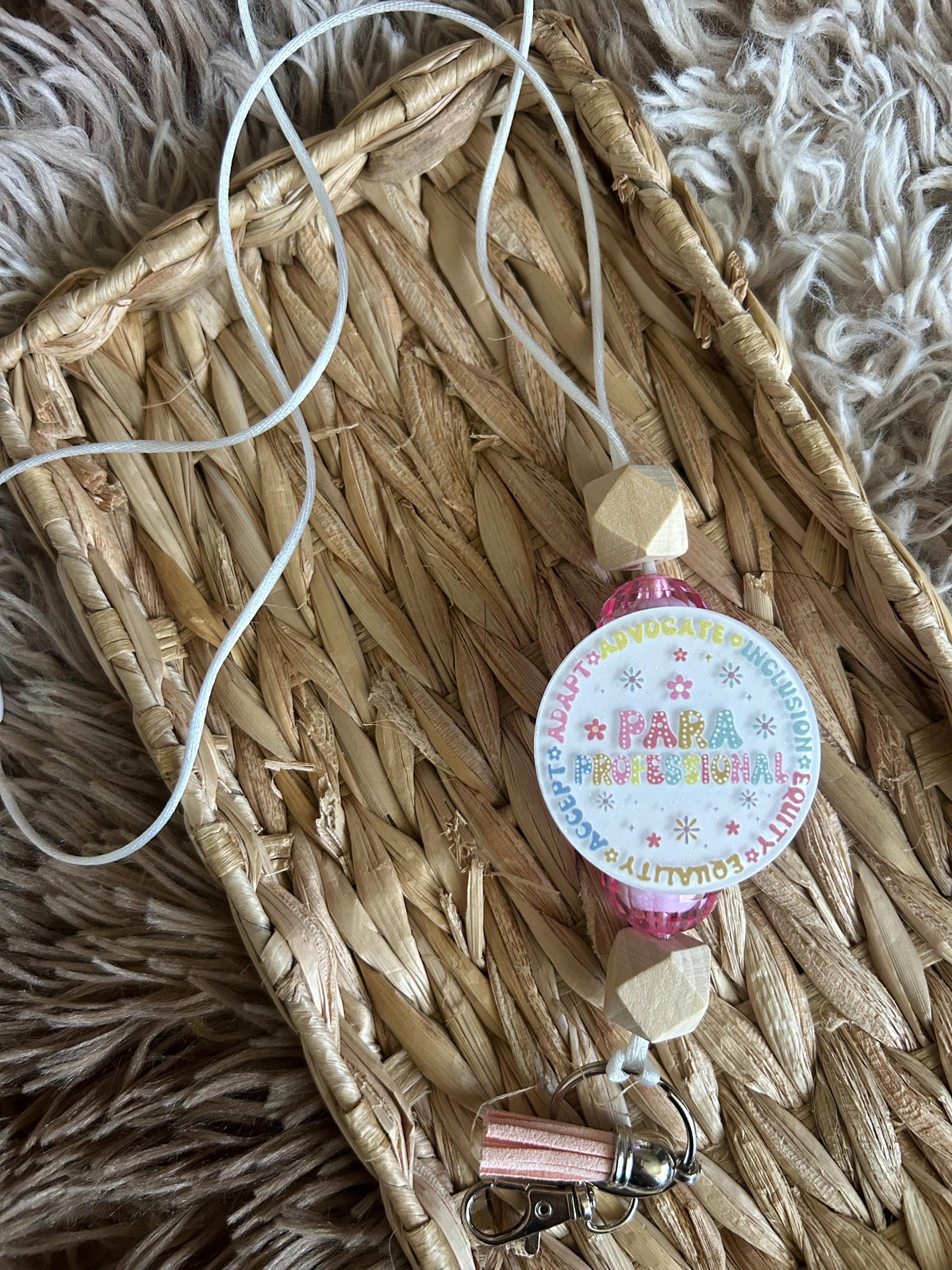 Handmade Rainbow Beaded Lanyard, ID Badge Holder, Teacher Paraprofessional Accessory