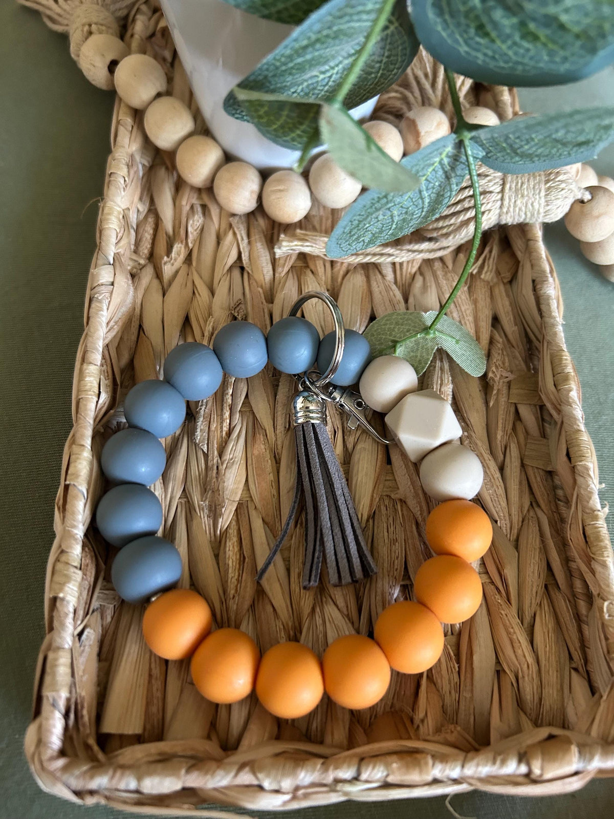 Beaded Block Pattern Wristlet Keychain