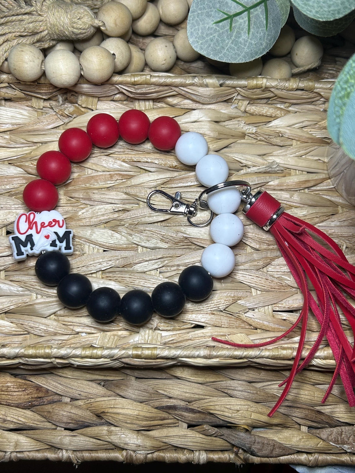 Cheer Mom Silicone Beaded Wristlet Keychain, Sports Mom Key Fob Bracelet