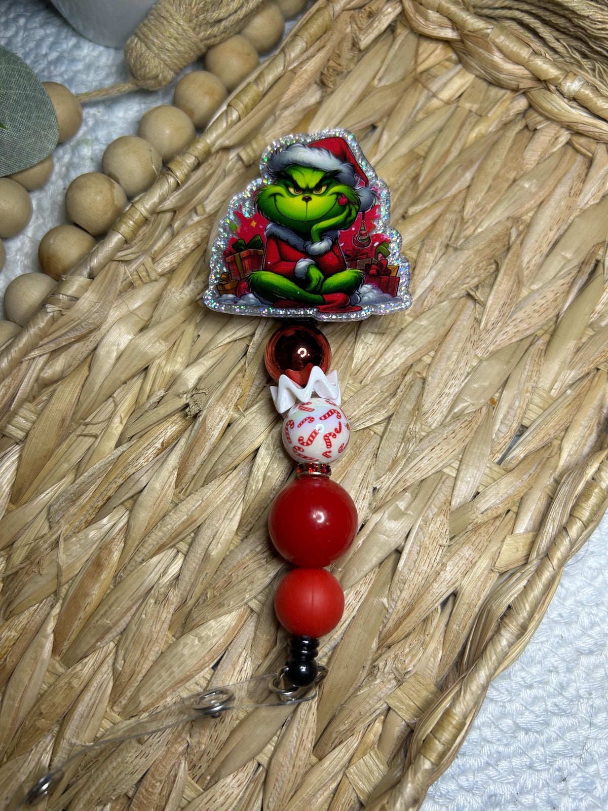 Green Beaded Christmas Badge Reel