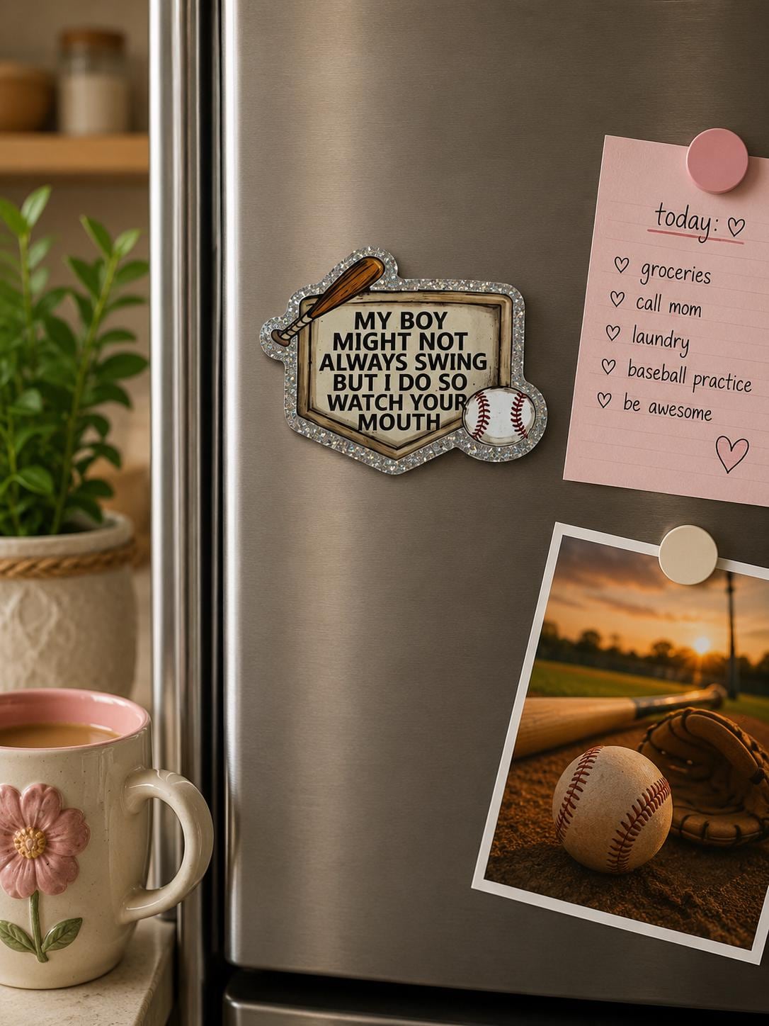 Funny Baseball Mom Magnet | Glitter Bat Glove Decor | Sports Mama Fridge Accent