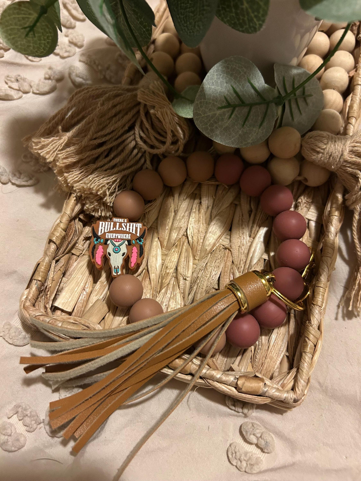 Western Beaded Wristlet Keychain, Cowgirl Bracelet, Rustic Tassel Accessory