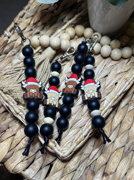 Highland Cow Bag Charm | Handmade Beaded Backpack Accessory (Santa Hat)
