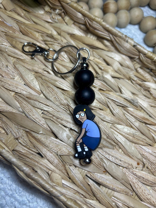 Cartoon Girl Beaded Keychain, Black Beads, Humor Accessory, Handmade Charm