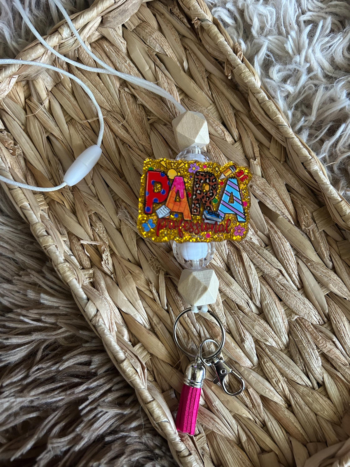Handmade Rainbow Beaded Lanyard, ID Badge Holder, Teacher Paraprofessional Accessory