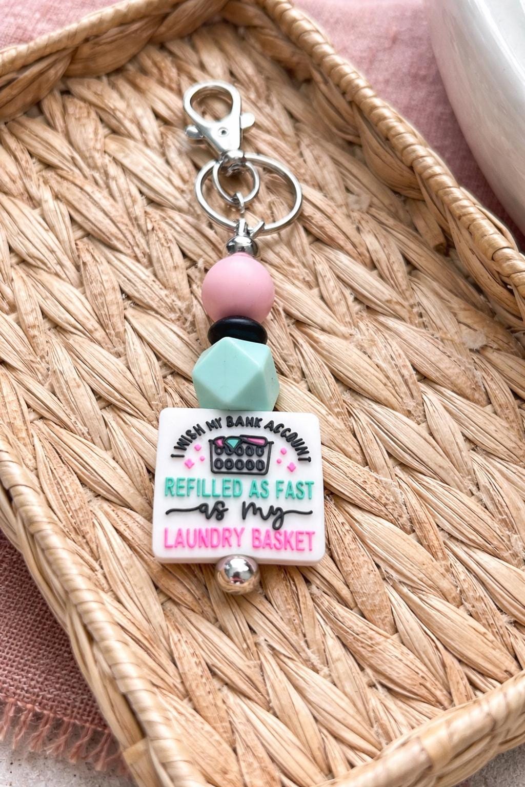 Handmade Pastel Silicone Beaded Keychain, Funny Mom Life Laundry Humor Accessory
