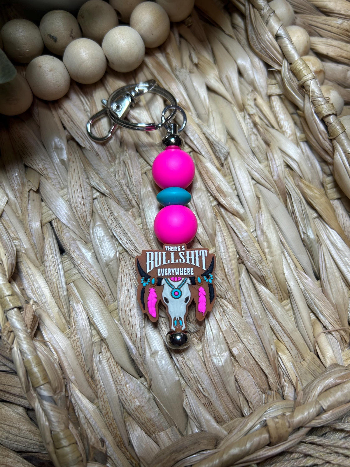 Silicone Beaded Keychain, Western Cowgirl Humor Gift, Sarcastic Bull Skull Pendant