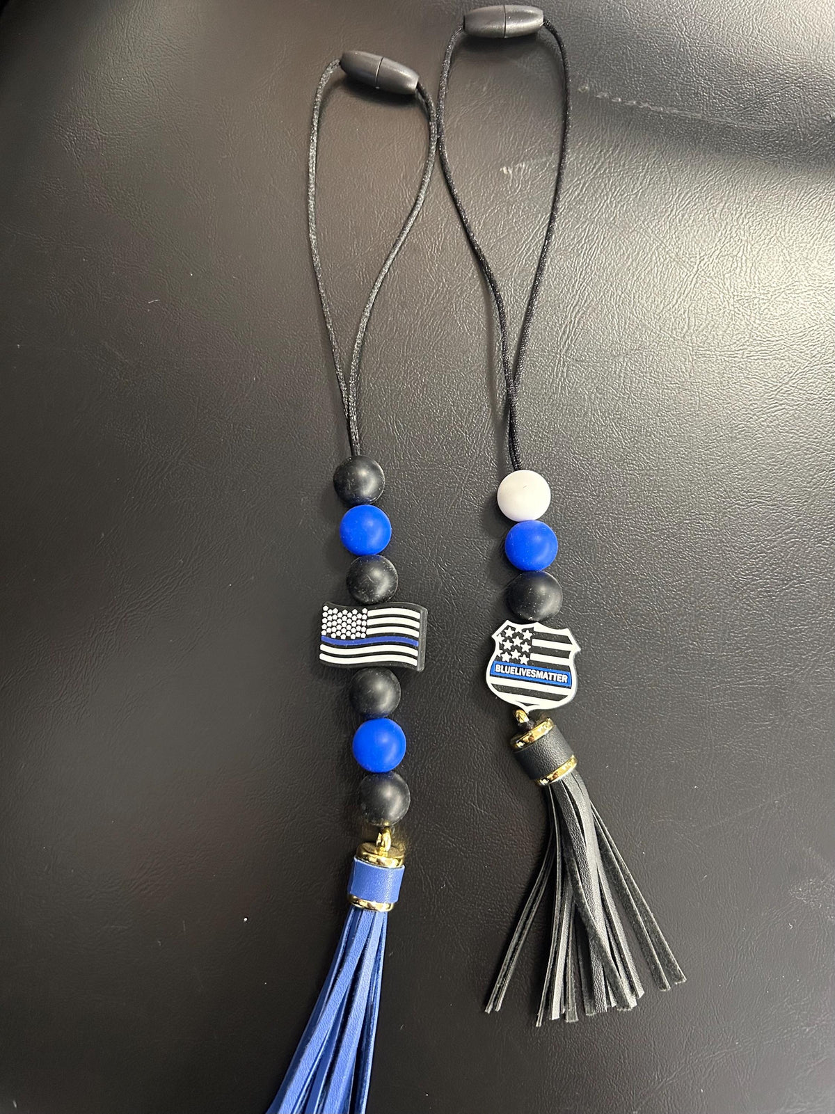 Thin Blue Line Car Charm | Silicone Beads, Faux Leather Tassel (Handmade)