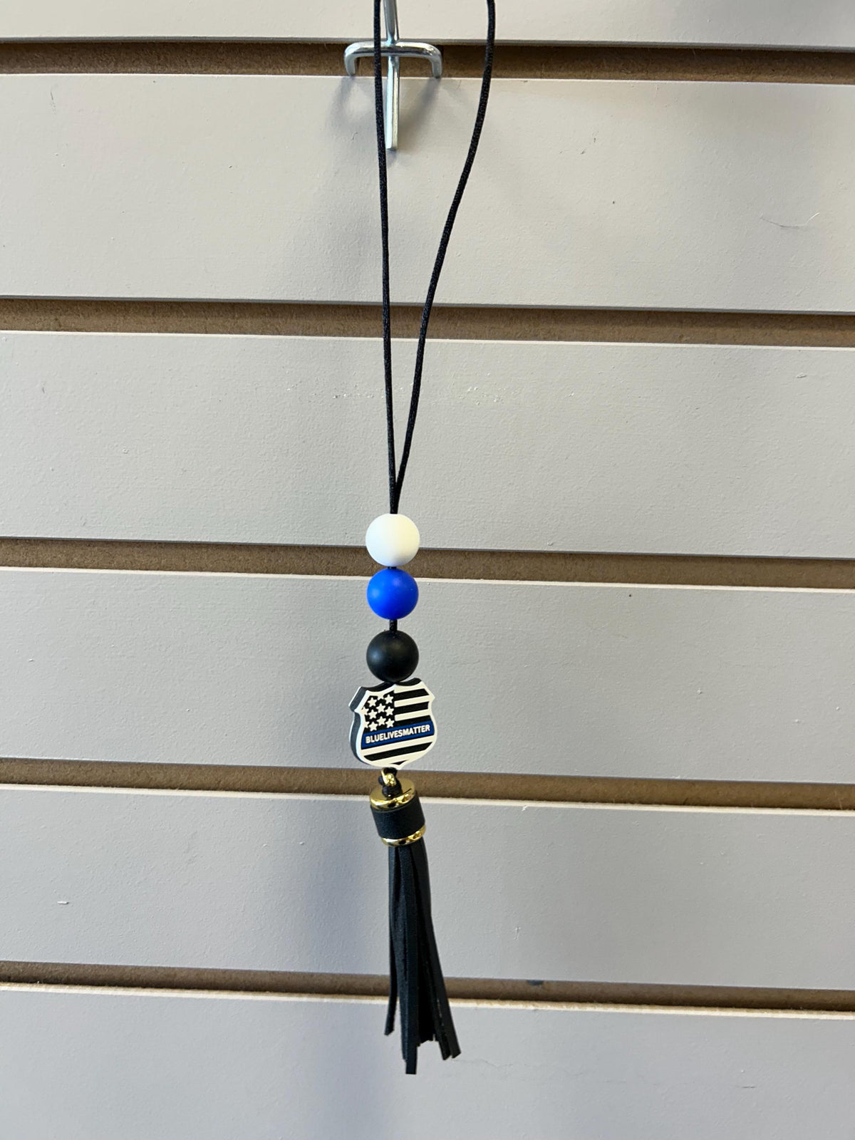 Thin Blue Line Car Charm | Silicone Beads, Faux Leather Tassel (Handmade)