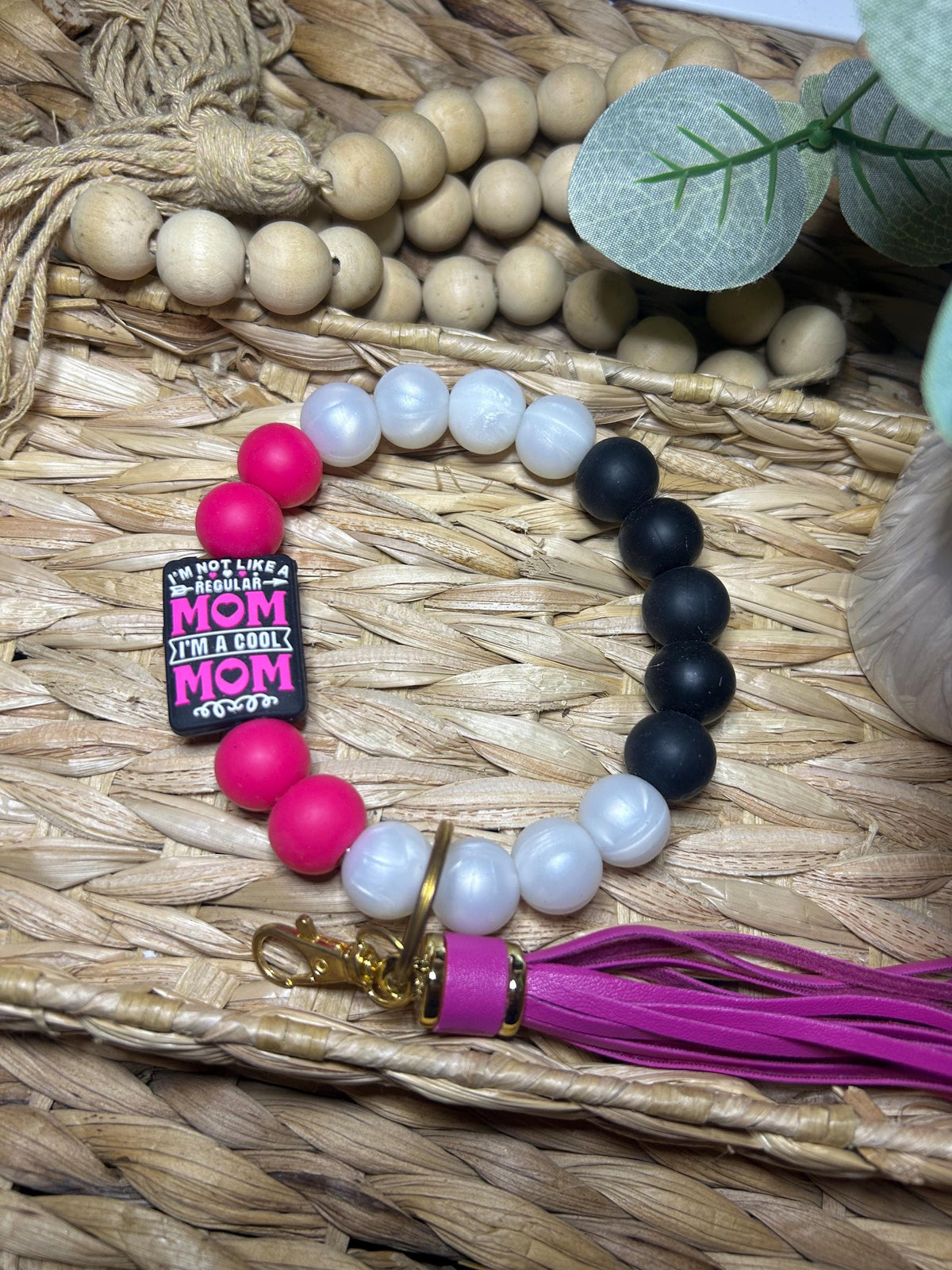 Silicone Beaded Wristlet Keychain, Mom Life Accessory, Handmade Tassel Charm