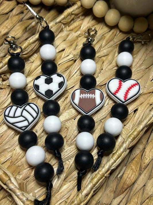 Sports Heart Charms: Baseball, Football, Volleyball, Soccer Bag Accessory