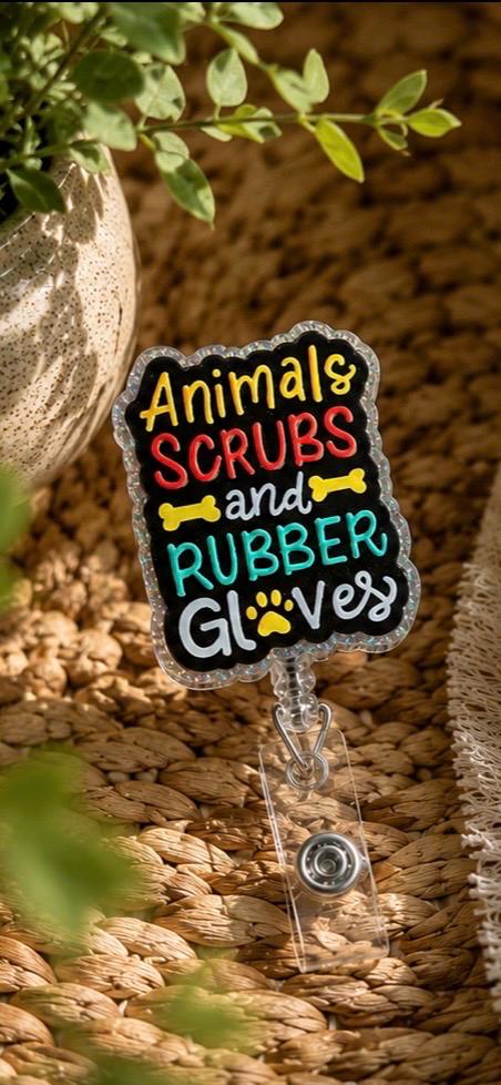 Vet Tech Badge Reel | Animals, Scrubs, Rubber Gloves Holder | Veterinary ID Clip