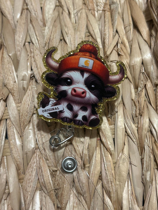 Highland Cow Badge Reel | Floral Glitter ID Holder, Nurse Accessory