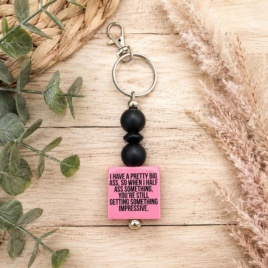 Funny Big Butt Adult Humor Beaded Keychain, Pink Sarcastic Quote Keychain, Sassy Gift for Her, Black Bead Purse Charm, Gag Gift for Friend