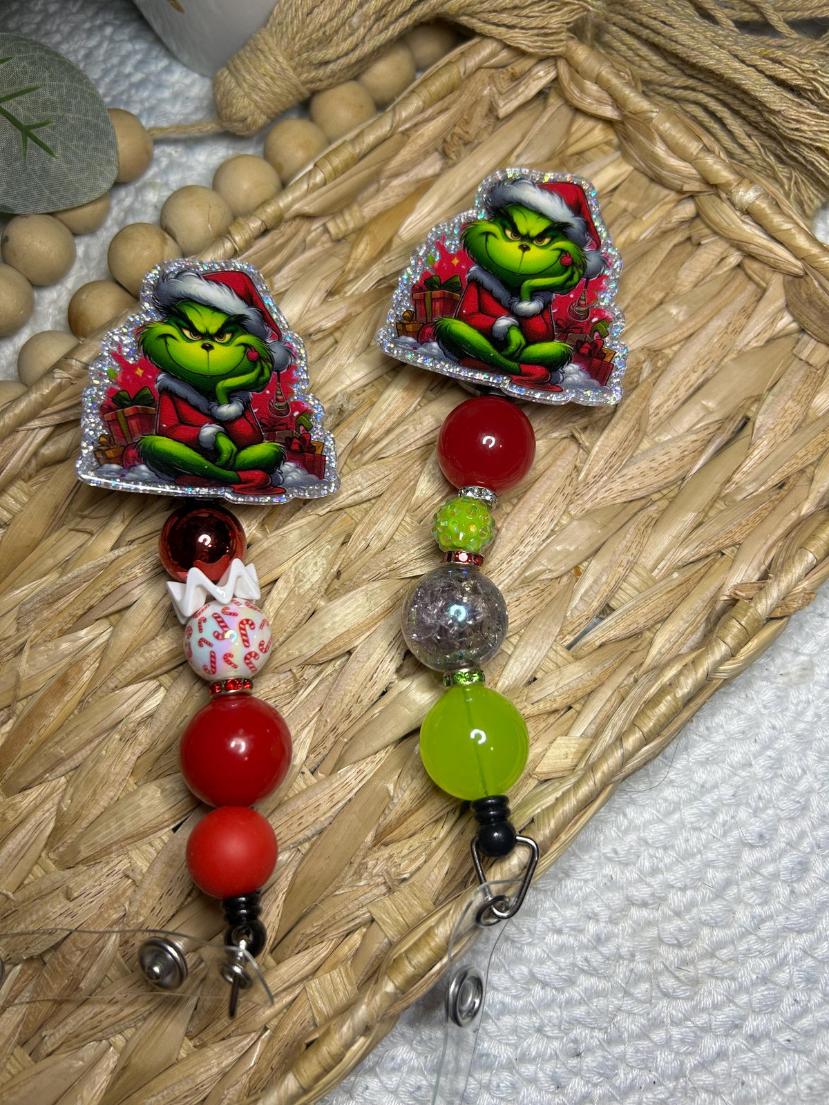 Green Beaded Christmas Badge Reel