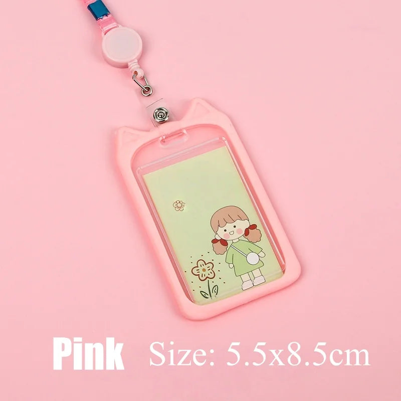 Cat Ear Card Holder+Retractable Reel Lanyard，Work ID Card Holder Campus Card Neck Lanyard Badge Holder Protective Cover