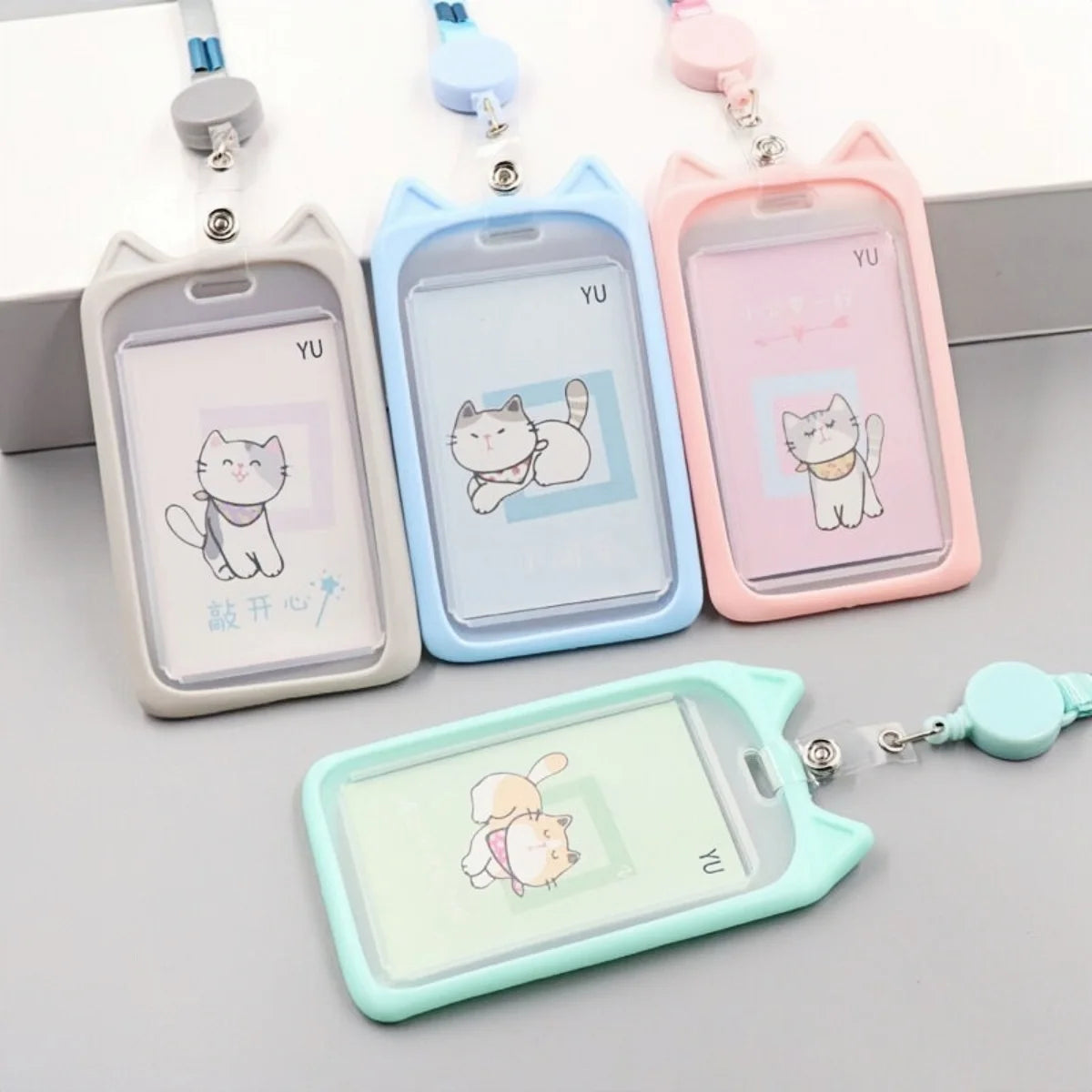 Cat Ear Card Holder+Retractable Reel Lanyard，Work ID Card Holder Campus Card Neck Lanyard Badge Holder Protective Cover