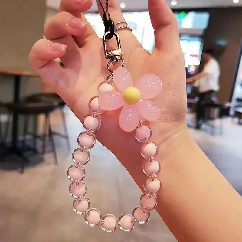 Women's Colorful Macaron Round Bead Mobile Phone Lanyard Key Short Wrist Pendant Anti-Lost Hand-held Chain Accessory