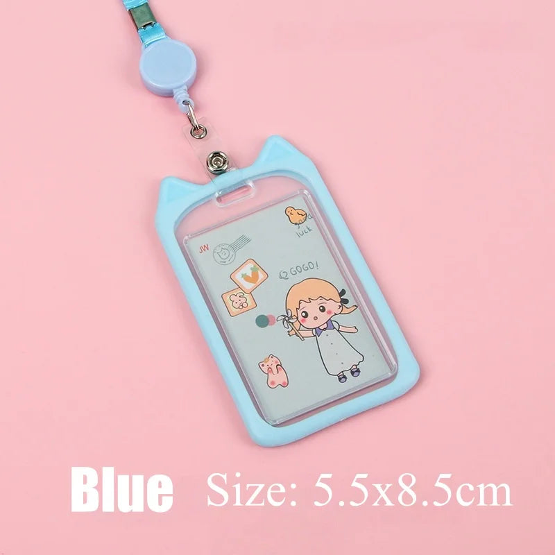 Cat Ear Card Holder+Retractable Reel Lanyard，Work ID Card Holder Campus Card Neck Lanyard Badge Holder Protective Cover