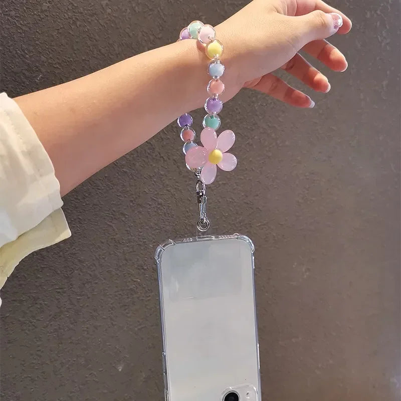 Women's Colorful Macaron Round Bead Mobile Phone Lanyard Key Short Wrist Pendant Anti-Lost Hand-held Chain Accessory