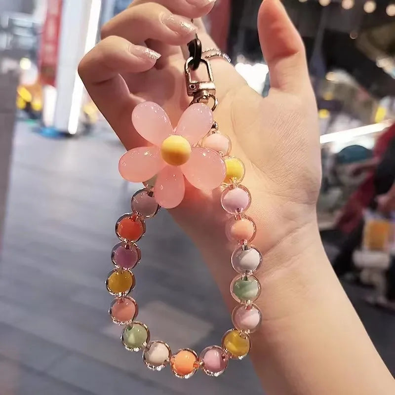 Women's Colorful Macaron Round Bead Mobile Phone Lanyard Key Short Wrist Pendant Anti-Lost Hand-held Chain Accessory
