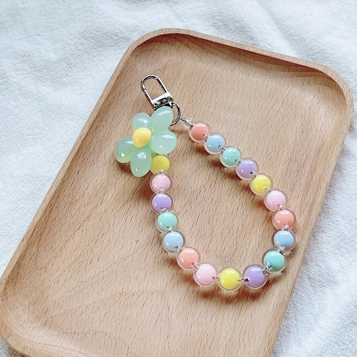 Women's Colorful Macaron Round Bead Mobile Phone Lanyard Key Short Wrist Pendant Anti-Lost Hand-held Chain Accessory