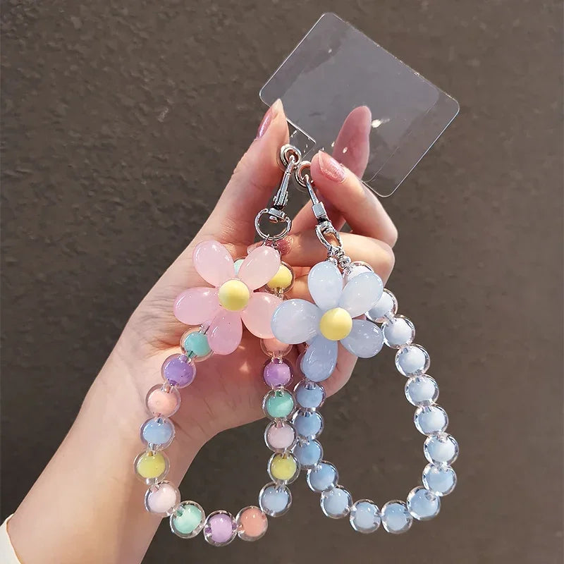 Women's Colorful Macaron Round Bead Mobile Phone Lanyard Key Short Wrist Pendant Anti-Lost Hand-held Chain Accessory