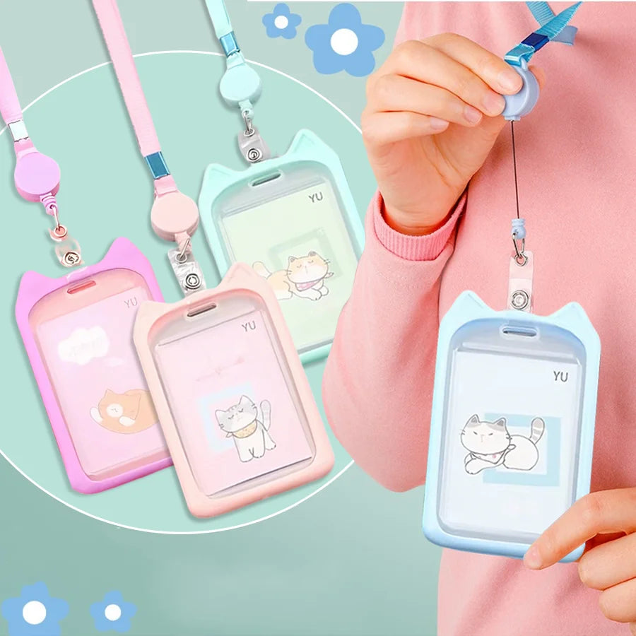 Cat Ear Card Holder+Retractable Reel Lanyard，Work ID Card Holder Campus Card Neck Lanyard Badge Holder Protective Cover