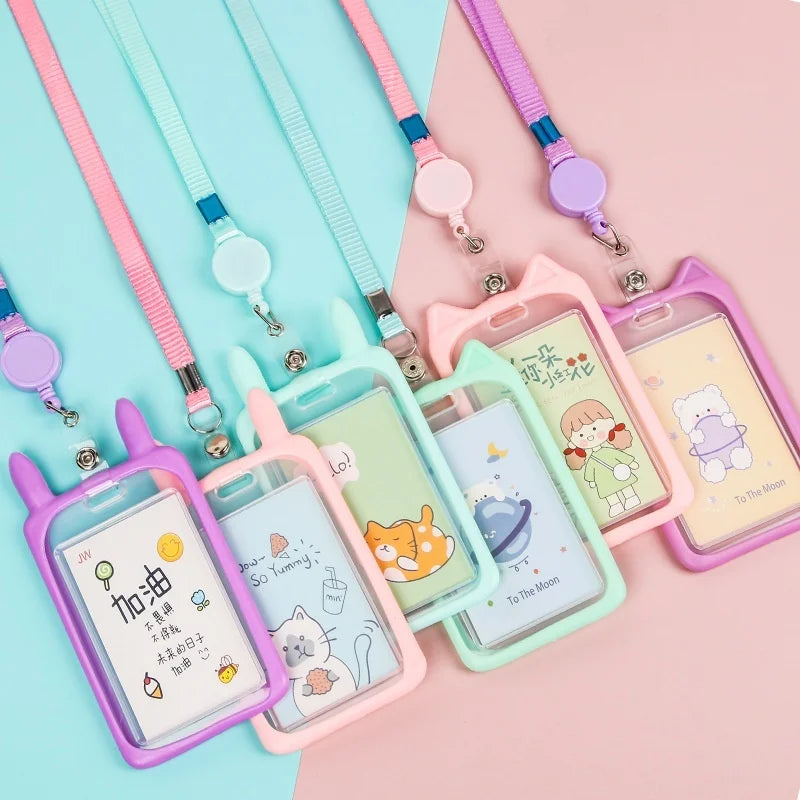 Cat Ear Card Holder+Retractable Reel Lanyard，Work ID Card Holder Campus Card Neck Lanyard Badge Holder Protective Cover