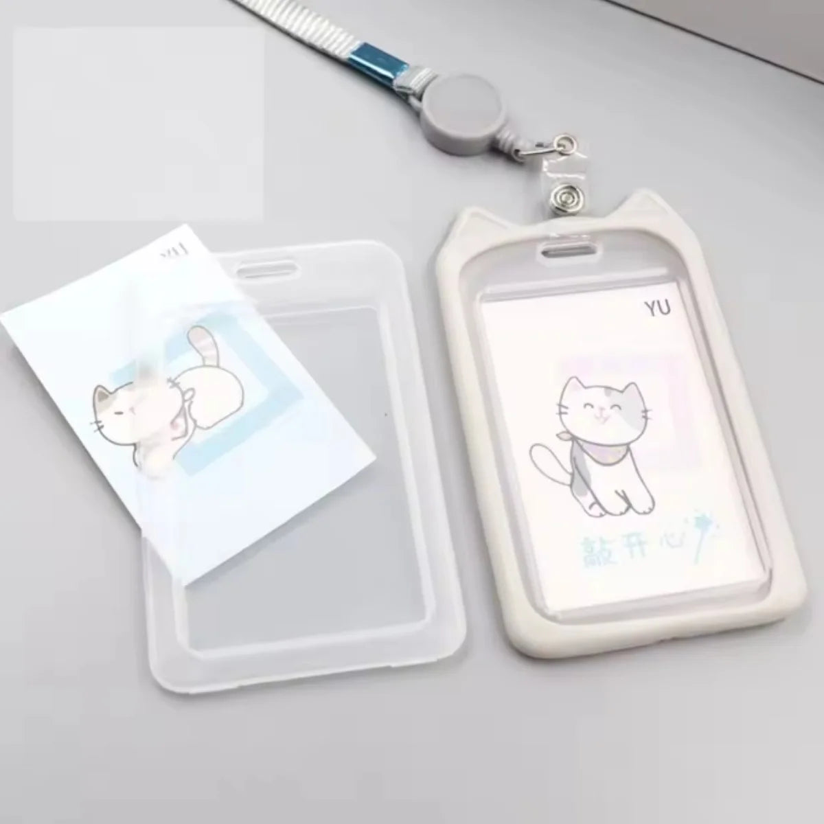 Cat Ear Card Holder+Retractable Reel Lanyard，Work ID Card Holder Campus Card Neck Lanyard Badge Holder Protective Cover
