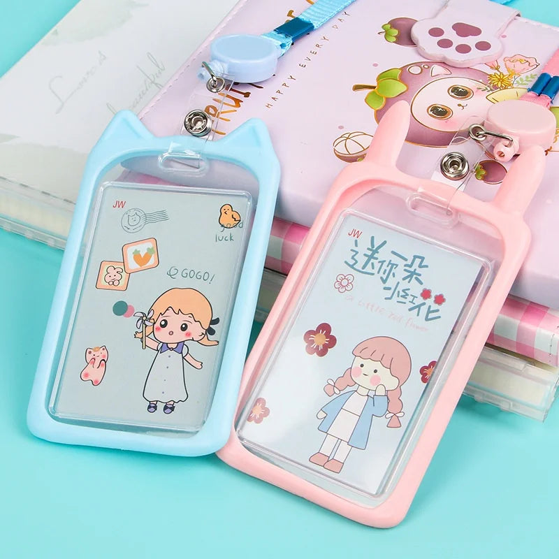 Cat Ear Card Holder+Retractable Reel Lanyard，Work ID Card Holder Campus Card Neck Lanyard Badge Holder Protective Cover