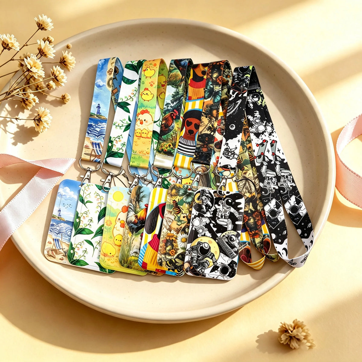 Colorful Art Lanyard With Card Holder Diverse Creative Pattern ID Badge Strap Portable Name Card Protector Fashion Accessory