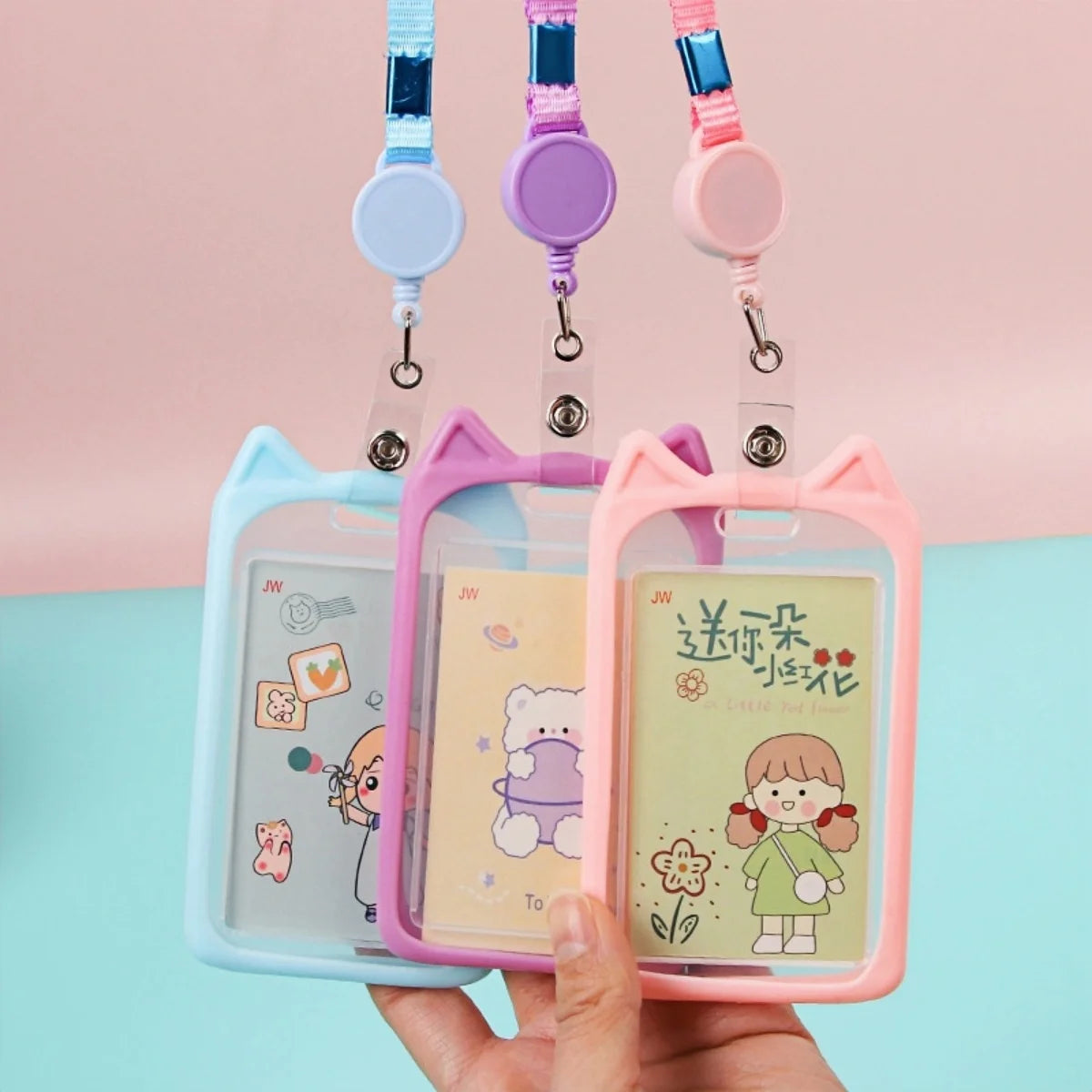 Cat Ear Card Holder+Retractable Reel Lanyard，Work ID Card Holder Campus Card Neck Lanyard Badge Holder Protective Cover