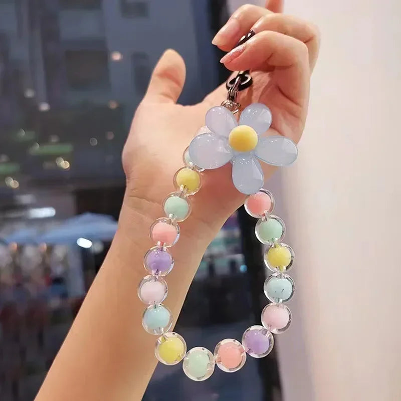 Women's Colorful Macaron Round Bead Mobile Phone Lanyard Key Short Wrist Pendant Anti-Lost Hand-held Chain Accessory
