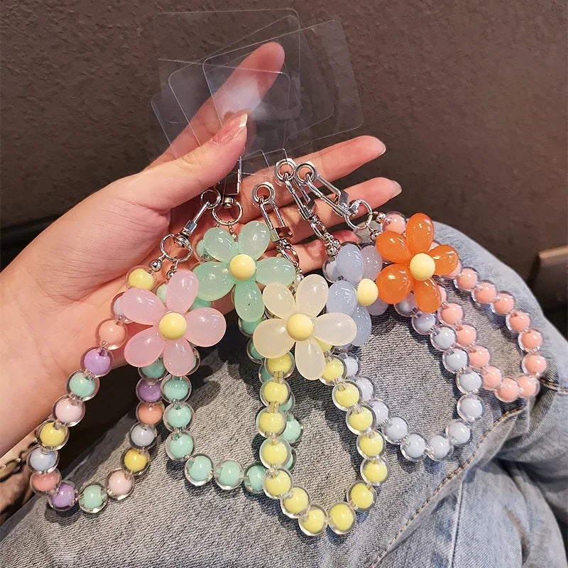Women's Colorful Macaron Round Bead Mobile Phone Lanyard Key Short Wrist Pendant Anti-Lost Hand-held Chain Accessory
