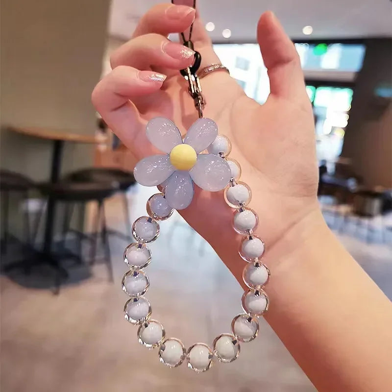 Women's Colorful Macaron Round Bead Mobile Phone Lanyard Key Short Wrist Pendant Anti-Lost Hand-held Chain Accessory