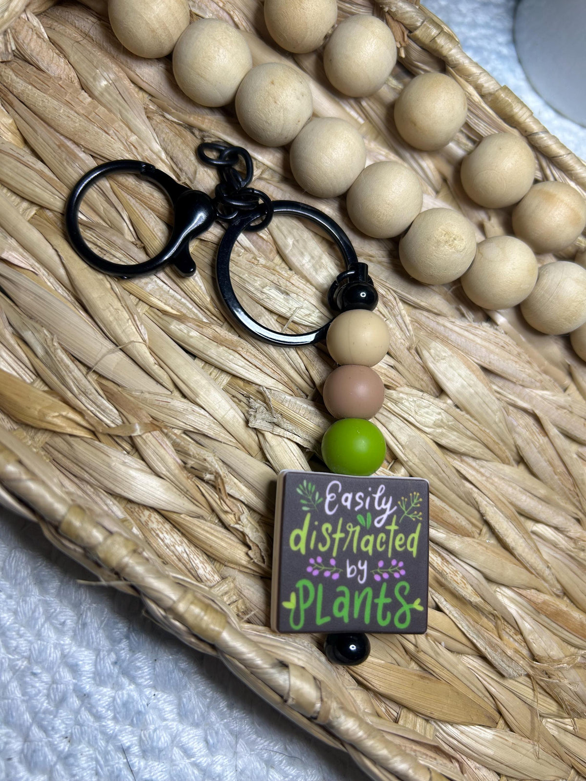 Handmade Beaded Keychain, Easily Distracted by Plants, Earthy Tones, Botanical Gift