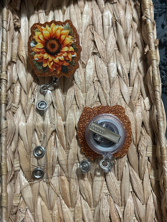 Handmade Sunflower Glitter Badge Reel | Floral Retractable ID Holder