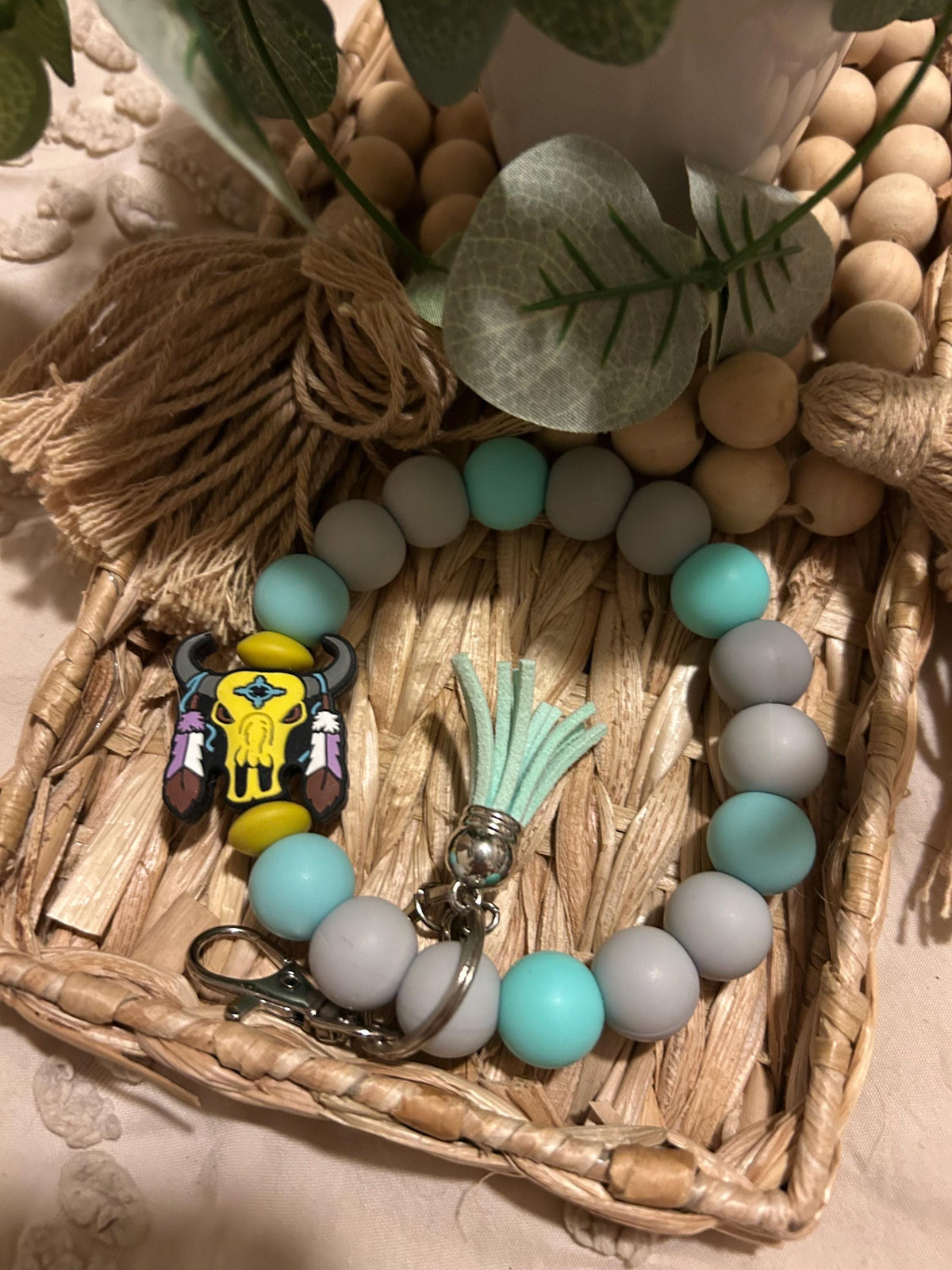 Western Beaded Wristlet Keychain, Cowgirl Bracelet, Rustic Tassel Accessory