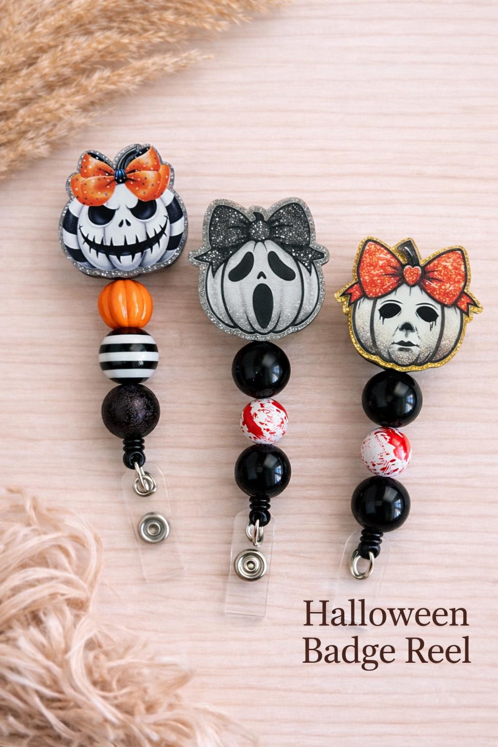Halloween Badge Reel | Horror Pumpkin ID Holder, Nurse Accessory (Retractable)